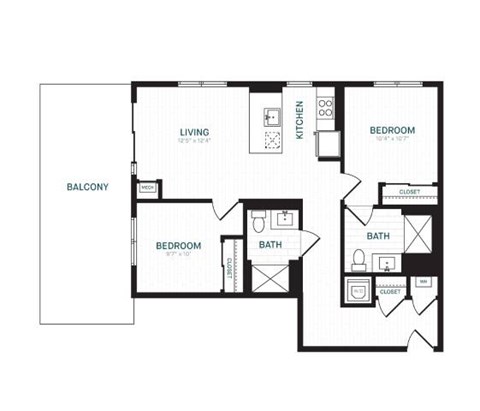 Floor plan for 2 beds, 2 baths, 916 sqft