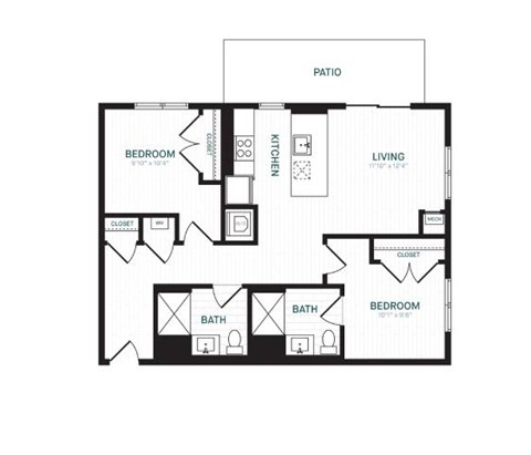 Floor plan for 2 beds, 2 baths, 938 sqft