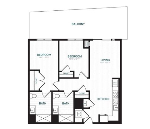 Floor plan for 2 beds, 2 baths, 989 sqft