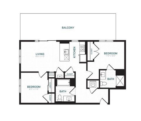 Floor plan for 2 beds, 2 baths, 934 sqft