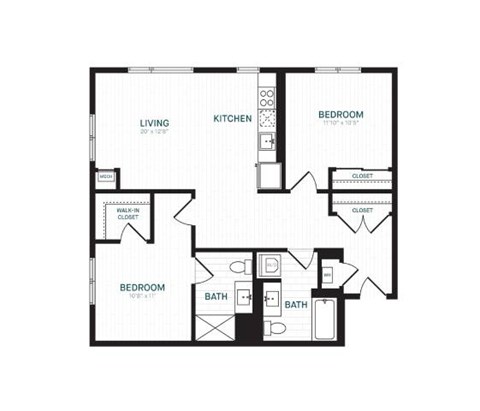 Floor plan for 2 beds, 2 baths, 1027 sqft