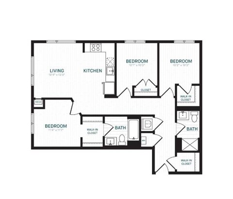 Floor plan for 3 beds, 2 baths, 1217 sqft