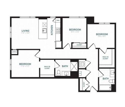 Floor plan for 3 beds, 2 baths, 1297 sqft