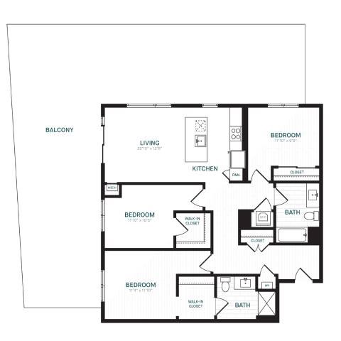 Floor plan for 3 beds, 2 baths, 1293 sqft