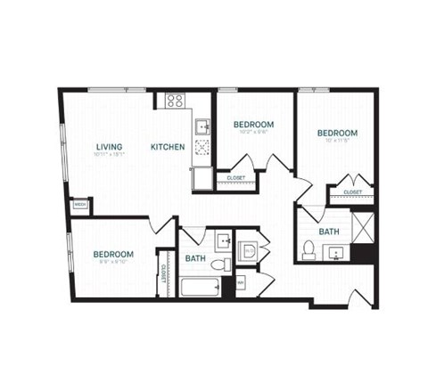 Floor plan for 3 beds, 2 baths, 1074 sqft