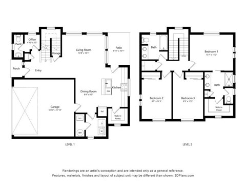 Floor plan for 3 beds, 2.5 baths, 2126 sqft