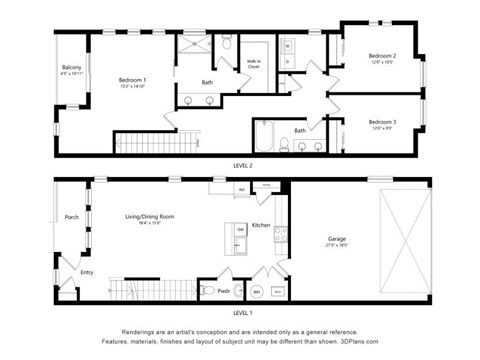 Floor plan for 3 beds, 2.5 baths, 1978 sqft