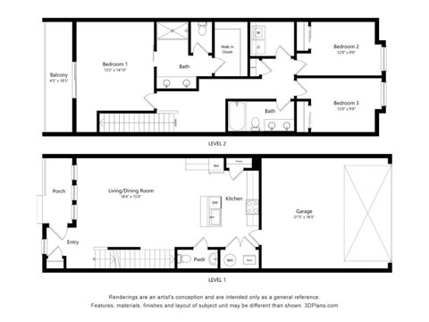 Floor plan for 3 beds, 2.5 baths, 1939 sqft
