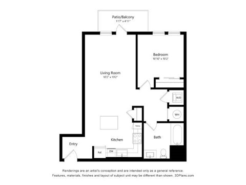 Floor plan for 1 bed, 1 bath, 751 sqft