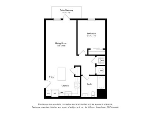 Floor plan for 1 bed, 1 bath, 744 sqft