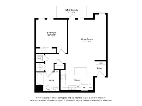 Floor plan for 1 bed, 1 bath, 861 sqft