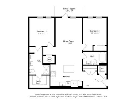 Floor plan for 2 beds, 2 baths, 1070 sqft