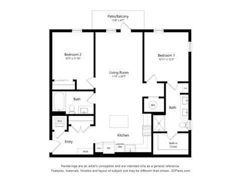 Floor plan for 2 beds, 2 baths, 1070 sqft