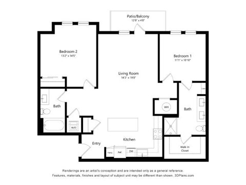 Floor plan for 2 beds, 2 baths, 1149 sqft