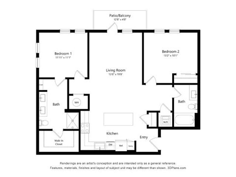 Floor plan for 2 beds, 2 baths, 1128 sqft