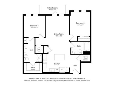 Floor plan for 2 beds, 2 baths, 1013 sqft