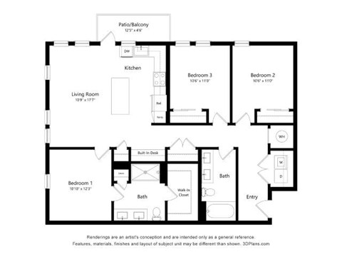 Floor plan for 3 beds, 2 baths, 1309 sqft