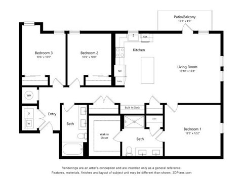 Floor plan for 3 beds, 2 baths, 1395 sqft