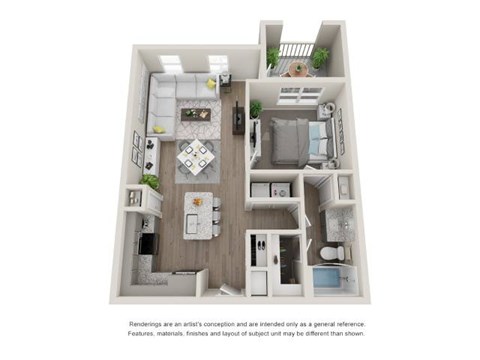 Floor plan for 1 bed, 1 bath, 768 sqft