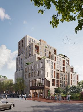 Bethesda apartment for rent - a rendering of a tall building on a city street