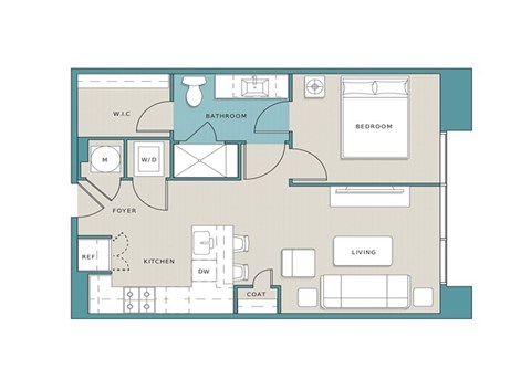 Floor plan for 1 bed, 1 bath, 689 sqft