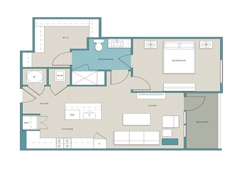 Floor plan for 1 bed, 1 bath, 732 sqft
