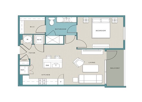 Floor plan for 1 bed, 1 bath, 745 sqft
