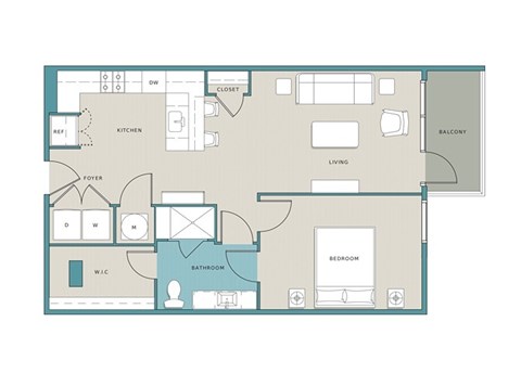 Floor plan for 1 bed, 1 bath, 799 sqft