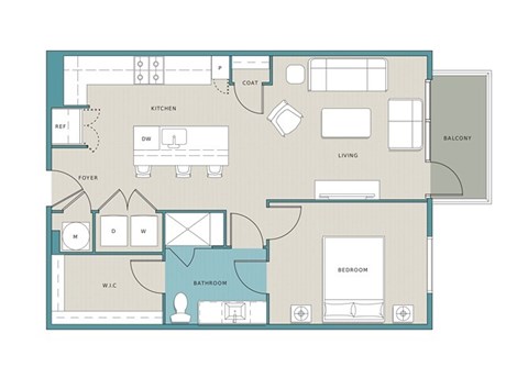 Floor plan for 1 bed, 1 bath, 833 sqft