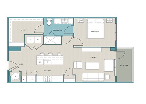 Floor plan for 1 bed, 1 bath, 834 sqft