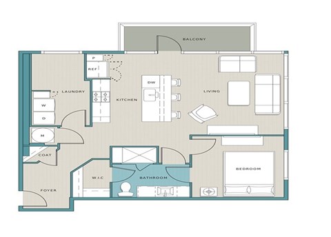 Floor plan for 1 bed, 1 bath, 863 sqft