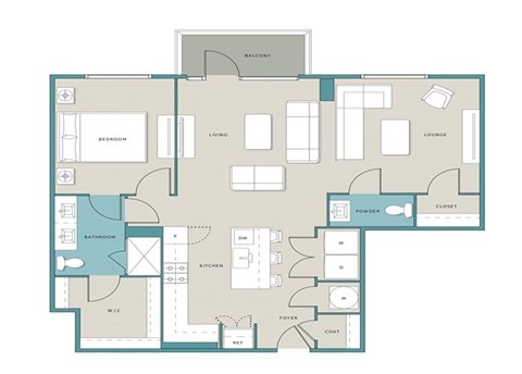 Floor plan for 1 bed, 1.5 baths, 1042 sqft