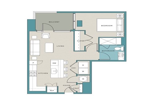 Floor plan for 1 bed, 1.5 baths, 754 sqft