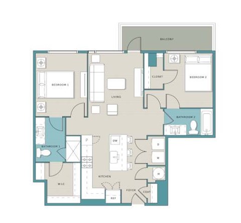 Floor plan for 2 beds, 2 baths, 1042 sqft