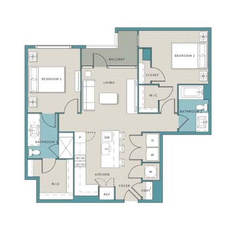 Floor plan for 2 beds, 2 baths, 1046 sqft