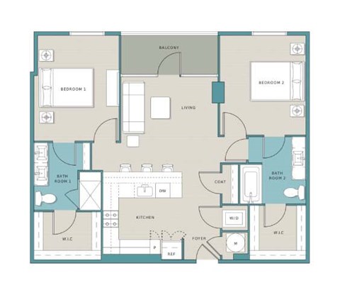 Floor plan for 2 beds, 2 baths, 1158 sqft