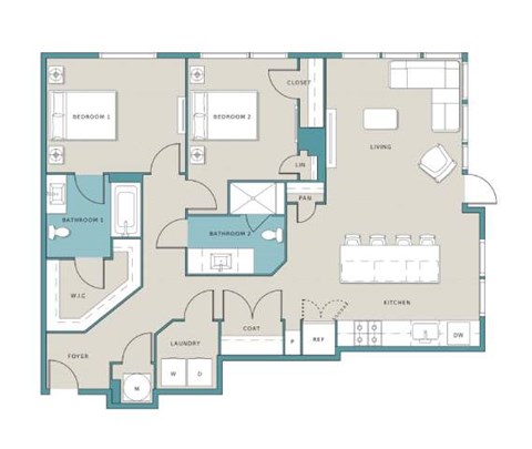 Floor plan for 2 beds, 2 baths, 1212 sqft
