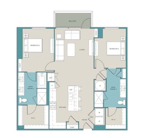 Floor plan for 2 beds, 2 baths, 1270 sqft