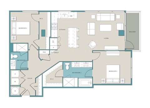 Floor plan for 2 beds, 2 baths, 1292 sqft