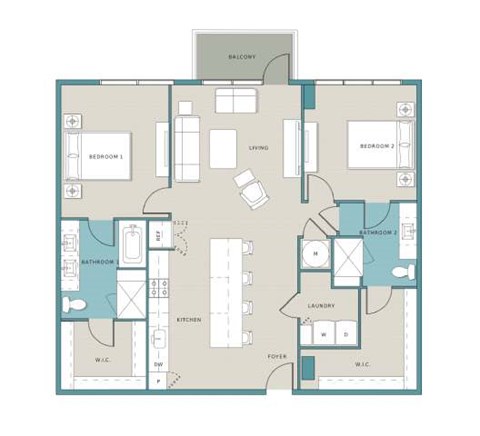 Floor plan for 2 beds, 2 baths, 1389 sqft