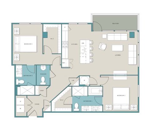 Floor plan for 2 beds, 2.5 baths, 1411 sqft