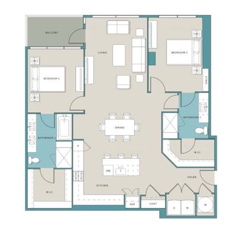 Floor plan for 2 beds, 2 baths, 1417 sqft