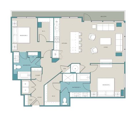 Floor plan for 2 beds, 2 baths, 1460 sqft
