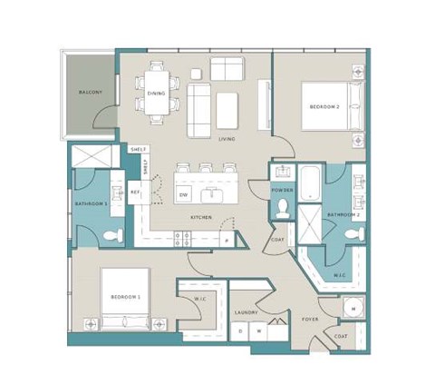 Floor plan for 2 beds, 2.5 baths, 1460 sqft