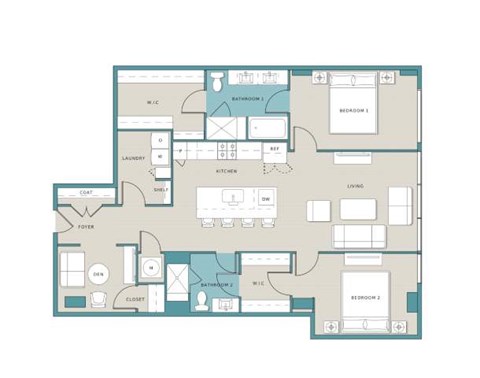 Floor plan for 2 beds, 2 baths, 1499 sqft