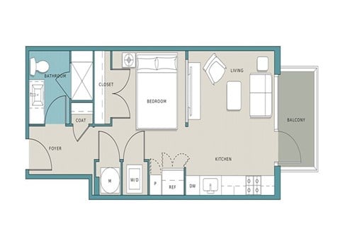 Floor plan for studio, 1 bath, 536 sqft