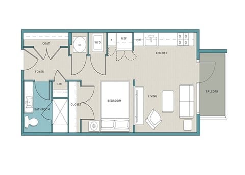 Floor plan for studio, 1 bath, 555 sqft