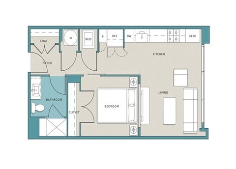 Floor plan for studio, 1 bath, 610 sqft