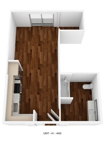 Floor plan for 1 bed, 1 bath, 451 sqft