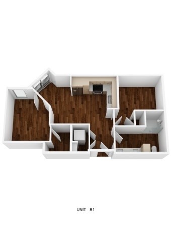 Floor plan for 2 beds, 1 bath, 609 sqft